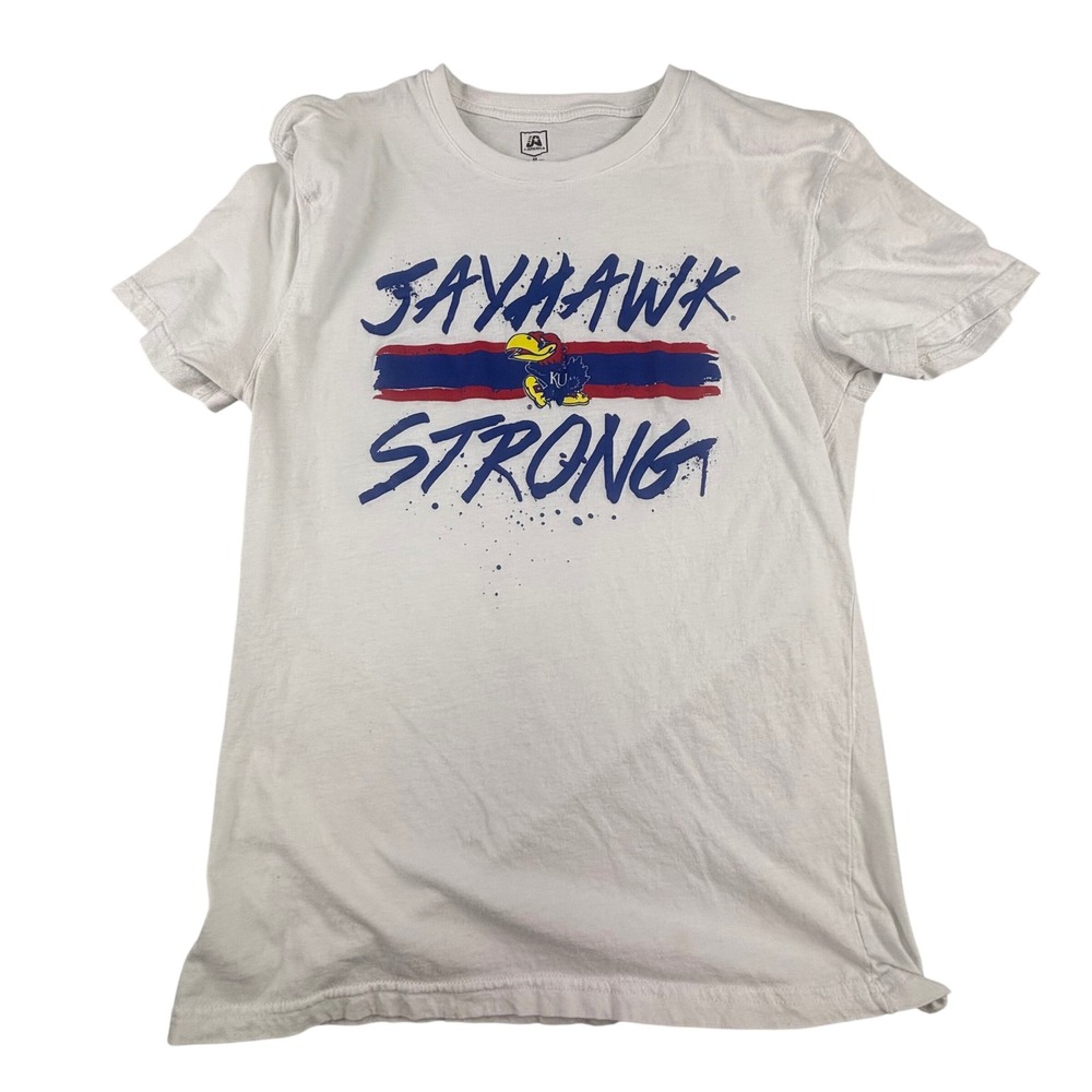 KU Jayhawks Shirt Men's Medium White Jayhawk Strong Graphic T-Shirt J-America
